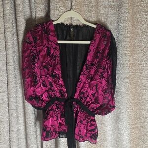 grass collection Magenta and Black Floral Sheer Tie-Front Top